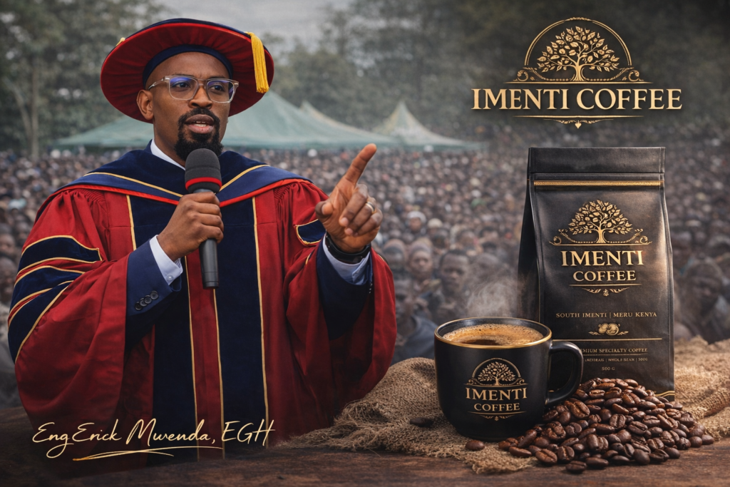 Eng. Erick Mwenda addressing a large crowd in South Imenti with premium Imenti Coffee branding showcasing roasted coffee beans, luxury packaging, and a coffee cup representing local value addition.