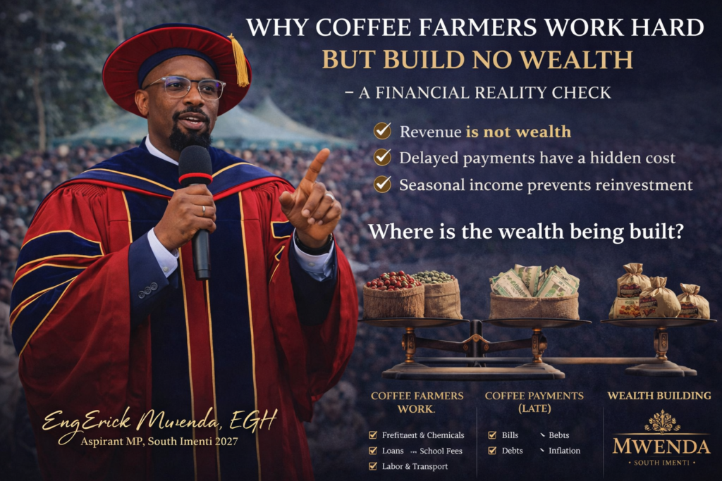 Eng Erick Mwenda speaking to a crowd with infographic showing why coffee farmers work hard but build no wealth, highlighting delayed payments, low profits, and value chain gaps in South Imenti.
