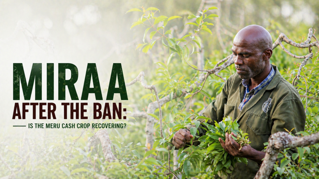 Miraa farming recovery in Kenya with farmer picking fresh miraa branches